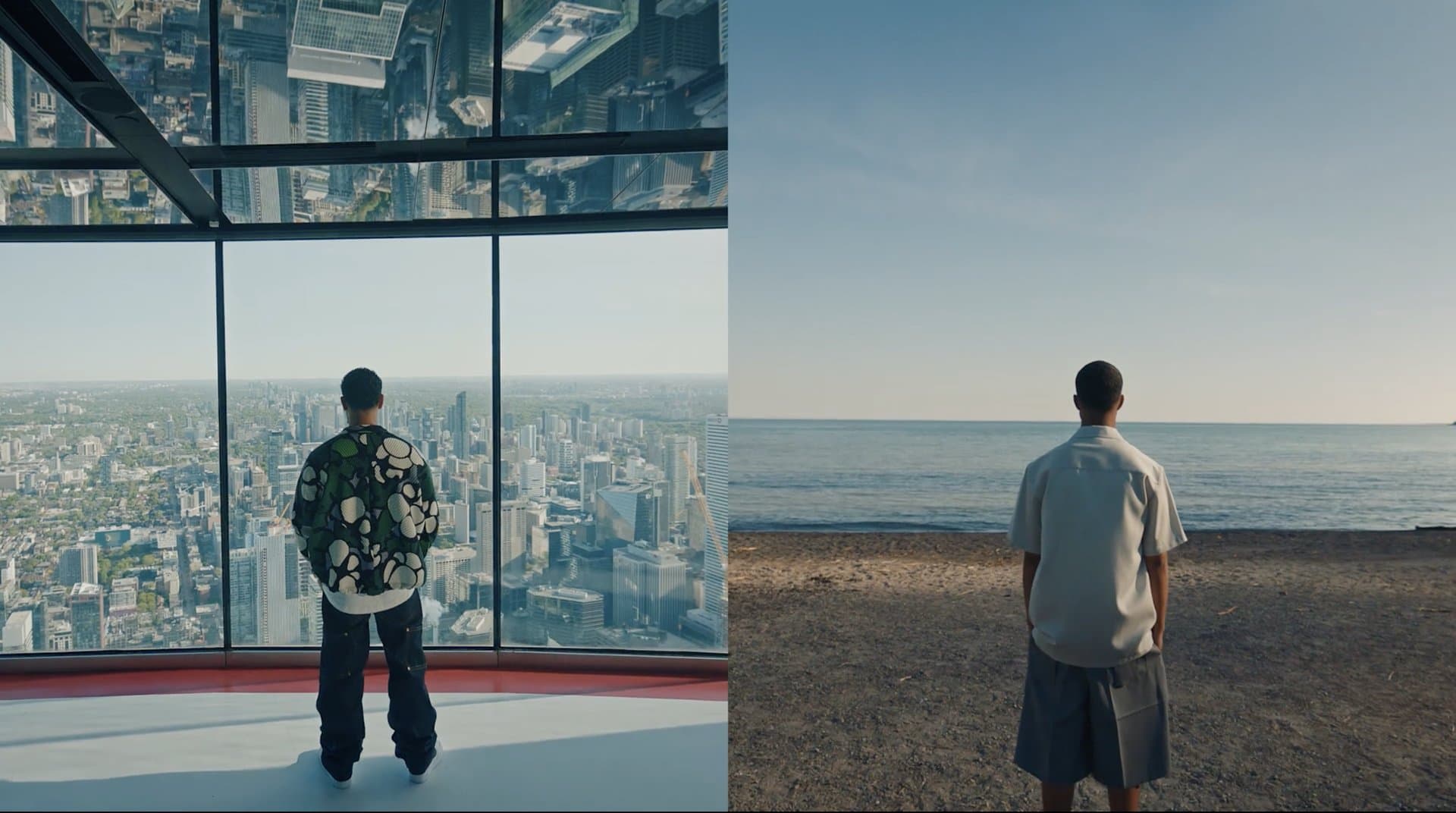 A split-frame image with a person looking out a window at a city landscape on the left, and the same person looking out at a beach on the right.